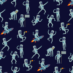 Astronaut in space vector character having fun spaceman galaxy cosmos atmosphere astronautics system fantasy traveler man seamless pattern background.