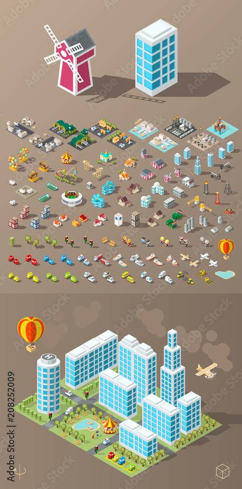 Poster build your own city . set of isolated minimal city vector elements on dark background