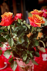 Beautiful bouquet of orange and pink roses, soft focus and blurred background