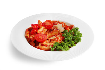 Plate with delicious penne pasta and garnish on white background