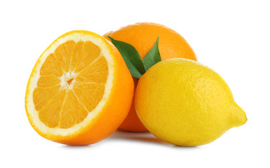 Tasty citrus fruits on white background