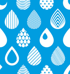 Falling rain drops water vector seamless pattern, blue colored repeat endless background, dew water dripping.