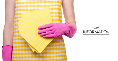 Woman in an apron in the hands of cleaning gloves rag pattern on a white background isolation