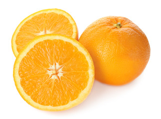 Tasty ripe oranges on white background