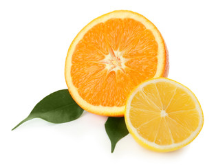 Tasty cut lemon and orange on white background