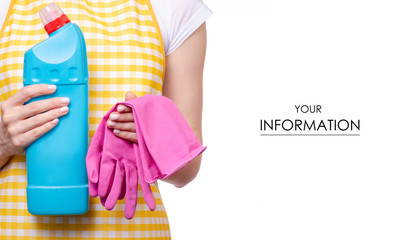 Obraz premium Woman in apron in hands cleaning glove and domestic toilet detergent household chemicals pattern on white background isolation