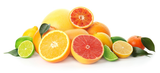 Different tasty citrus fruits on white background - obrazy, fototapety, plakaty