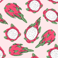 Tropical exotic fruit dragon fruit. Hand draw vector seamless pattern.