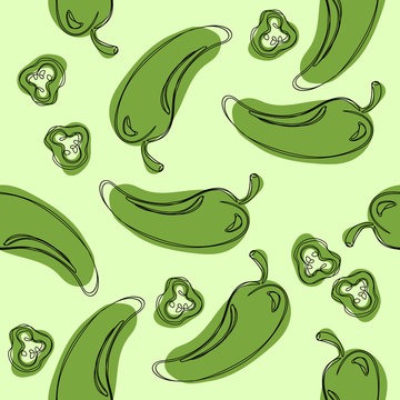 Green chilli pepper seamless pattern. Hand drawing chilli pepper. Vector illustration chilli pepper.