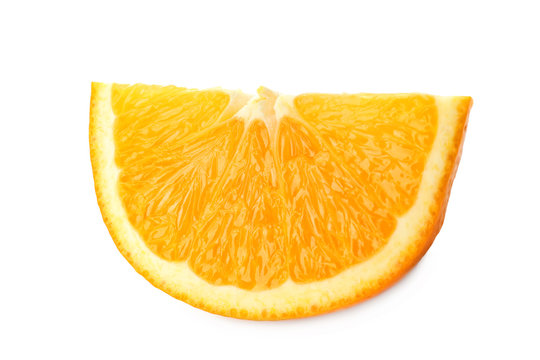 Slice of tasty orange on white background