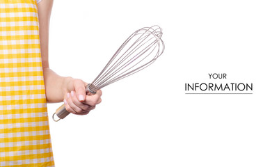Woman in apron in hands whisk pattern on white background isolation