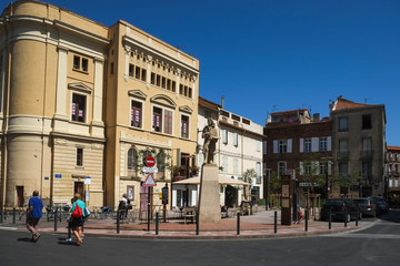 Fototapeta na wymiar Wide square in the center of Perpignan city, Languedoc-Roussillon, France