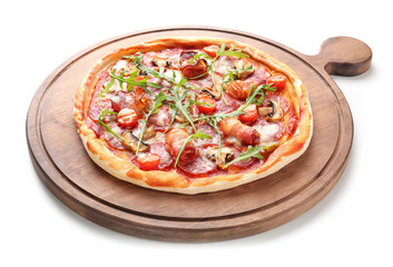 Board with tasty pizza on white background