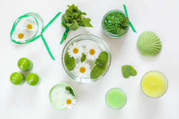 Spa products. Flat lay green color concept.