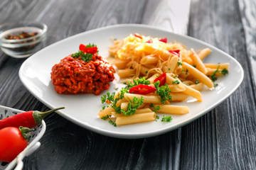 Plate with tasty penne pasta and bolognese sauce on wooden table