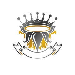 Majestic Crown emblem. Heraldic Coat of Arms decorative logo isolated vector illustration. Ornate logotype on white background.