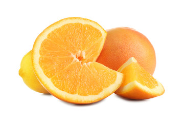 Ripe citrus fruits on white background