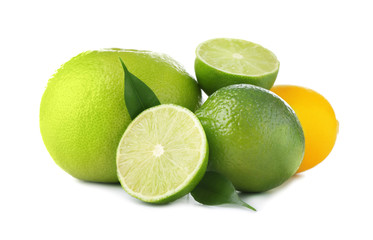 Ripe citrus fruits on white background