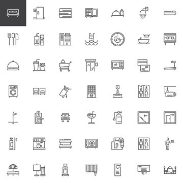 Hotel outline icons set. linear style symbols collection, line signs pack. vector graphics. Set includes icons as Double Bed Room, Towels, Mini bar, Room Service, Customer service, Bell Reception