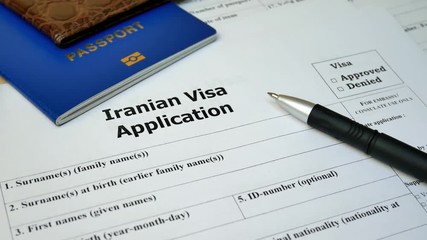 Iranian Visa application form to travel or immigration. Document with passport, apply and permission for foreigner country