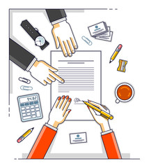 Business woman signs contract paper document or bank customer write a sign on financial form of money credit and employee helps her and explains the terms of loan, top view of people hands. Vector.