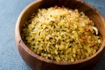 Uncooked Raw Bulgur Rice with Chia Seeds in Wooden Bowl. / Bulghur for Pilav or Pilaf