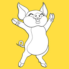 Joyful pig contour on yellow