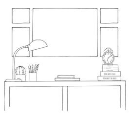 Sketch of the interior. A table, a bedside table, a shelf with various interior items. Can be used as a mock up.
