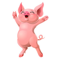Joyful pink pig on white