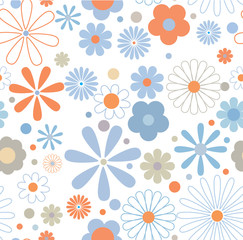 Fototapeta na wymiar Multicolored funky flowers retro pattern on white background