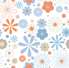 Multicolored funky flowers retro pattern on white background