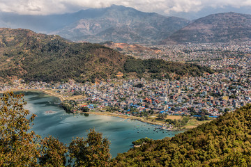 An aerial view of the city of Pokhara in central Nepal.  Pokhara is known as a gateway to the Annapurna Circuit, a popular trail in the Himalayas. © cornfield