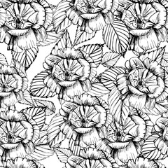 Seamless pattern cute hand drawn garden roses. Ink illustration white and dark background. Beautiful flower in your design. Vintage blossom decor.