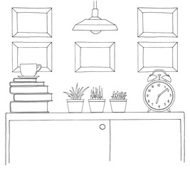Sketch of the interior. A table, a bedside table, a shelf with various interior items. Can be used as a mock up.