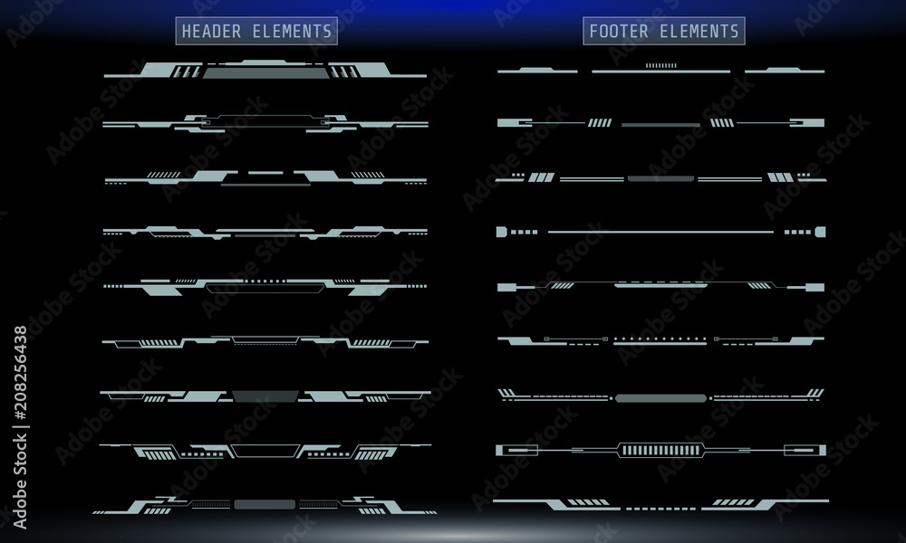 Aufkleber HUD Futuristic Header And Footer Elements Set For UI Inforgraphic Vector. Gray Abstract Future Cyber Hologram Bar Shape Illustration.
