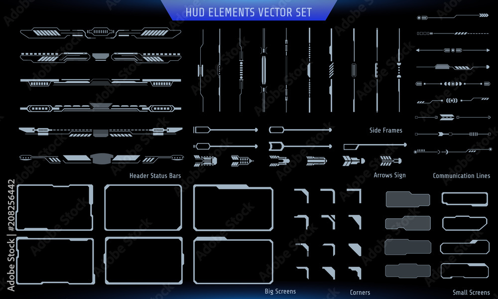 Poster HUD Gray Futuristic Elements Basic Communication Concept Set. Abstract Header Status Bar, Side Frames, Screen, Arrow Sign Vector And Illustration.