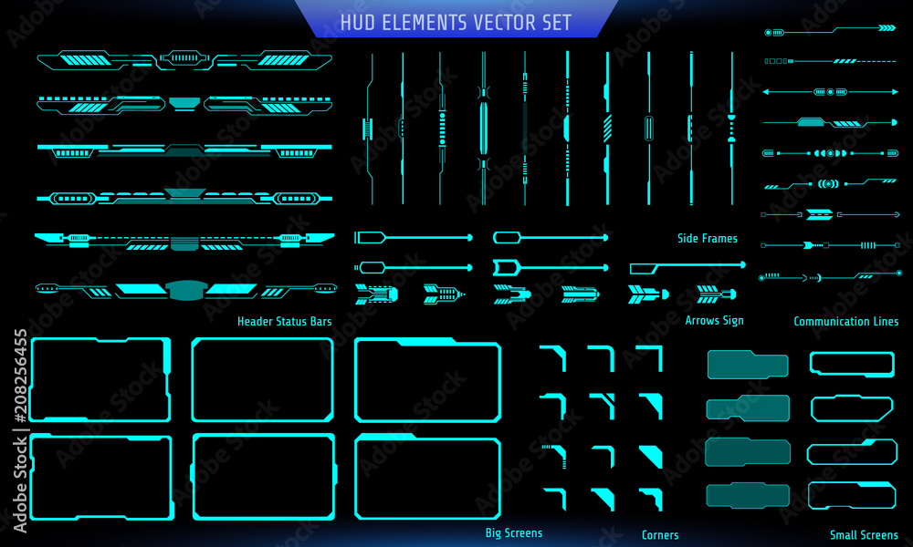 Poster HUD Green Futuristic Elements Basic Communication Concept Set. Abtract Header Status Bar, Side Frames, Screen, Arrow Sign Vector And Illustration.