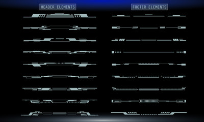 HUD Futuristic Header And Footer Elements Set For UI Inforgraphic Vector. Gray Abstract Future Cyber Hologram Bar Shape Illustration. © Pakpoom