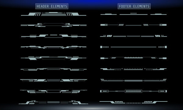 HUD Futuristic Header And Footer Elements Set For UI Inforgraphic Vector. Gray Abstract Future Cyber Hologram Bar Shape Illustration.