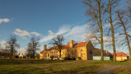 Seitenansicht von Schloss und Park Petzow im Nachmittagssonnenlicht mit Bäumen im Winter