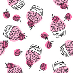 Cupcake hand drawn seamless pattern. Doodle cupcake and raspberry buttercream. Food background. 