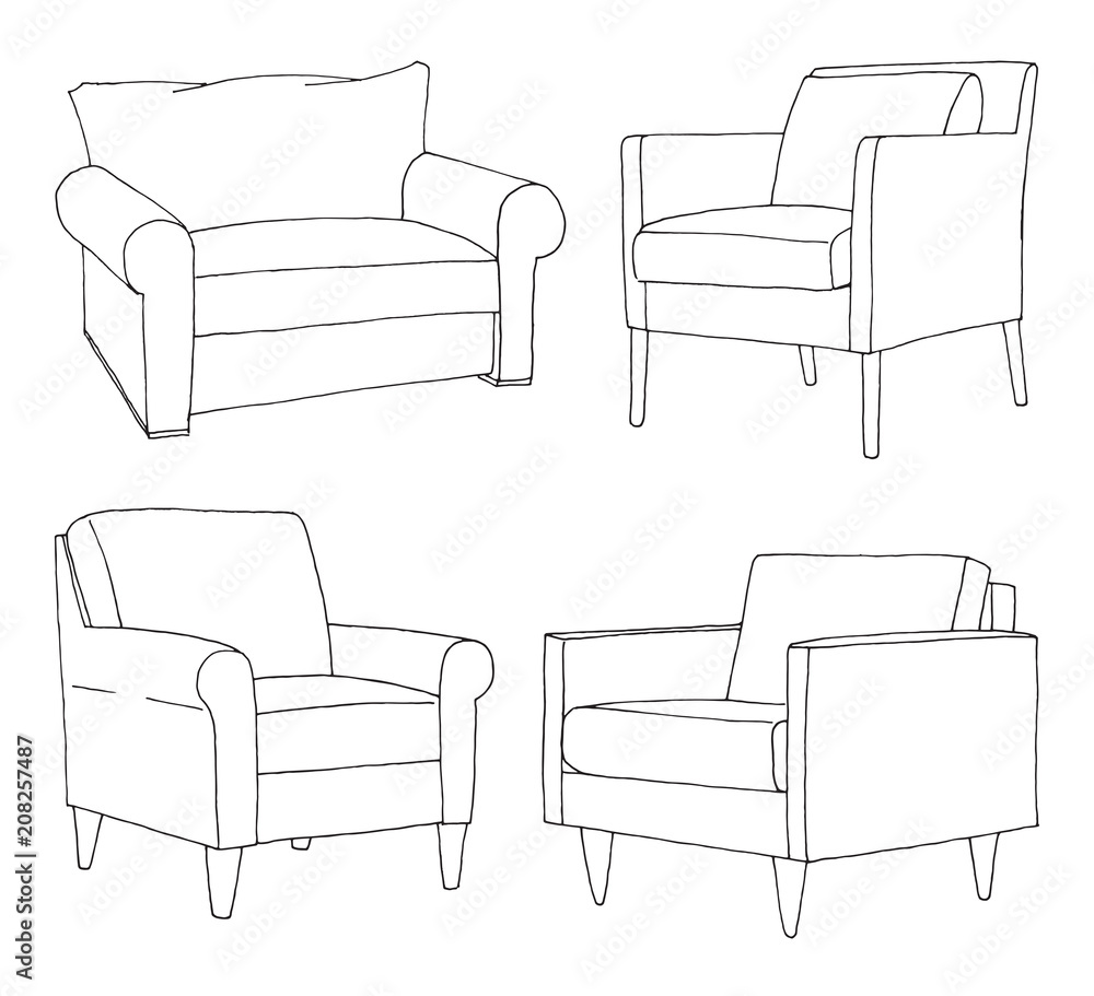 Poster set of different soft armchairs. linear sketch. vector illustration.