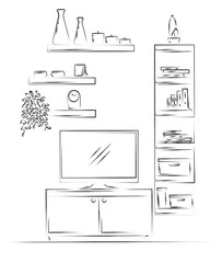 Linear sketch of the interior. Bookcase, dresser with TV and shelves. Vector illustration