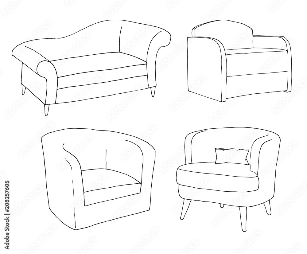 Poster set of different soft armchairs. linear sketch. vector illustration.