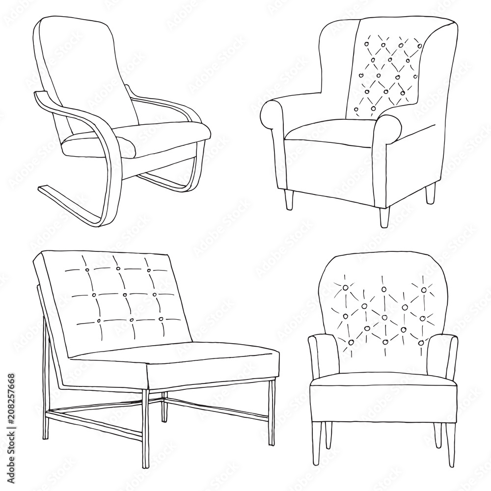Poster set of different soft armchairs. linear sketch. vector illustration.