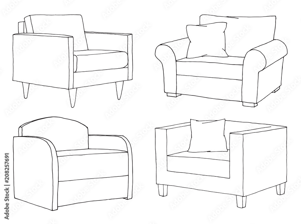 Poster set of different soft armchairs. linear sketch. vector illustration.