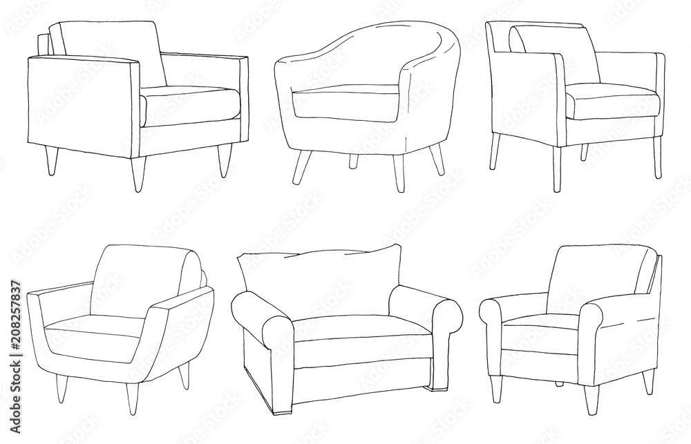 Poster set of different soft armchairs. linear sketch. vector illustration.
