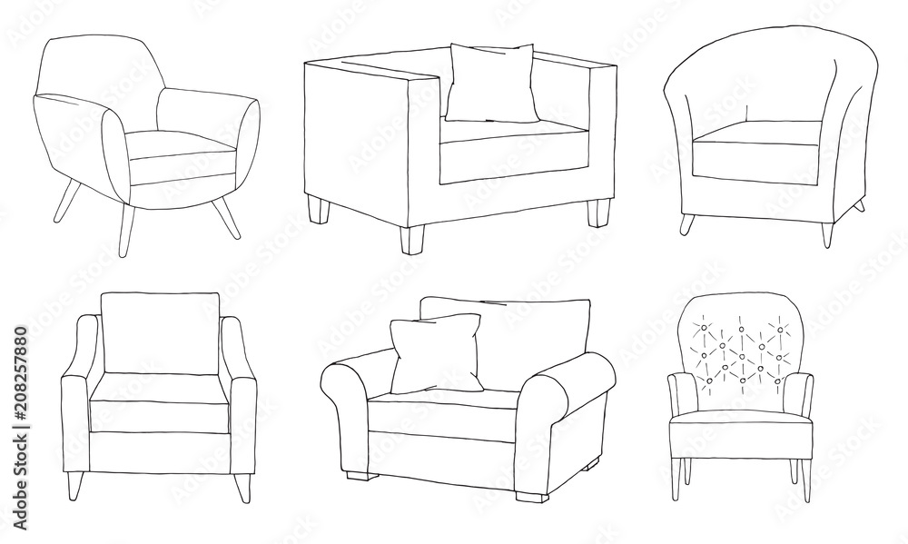 Aufkleber set of different soft armchairs. linear sketch. vector illustration.