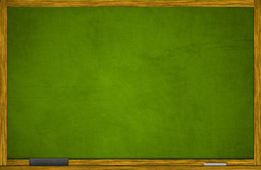 Green blank chalkboard in wooden frame with eraser and chalk