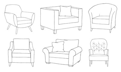 Set of different soft armchairs. Linear sketch. Vector illustration. - 208257880